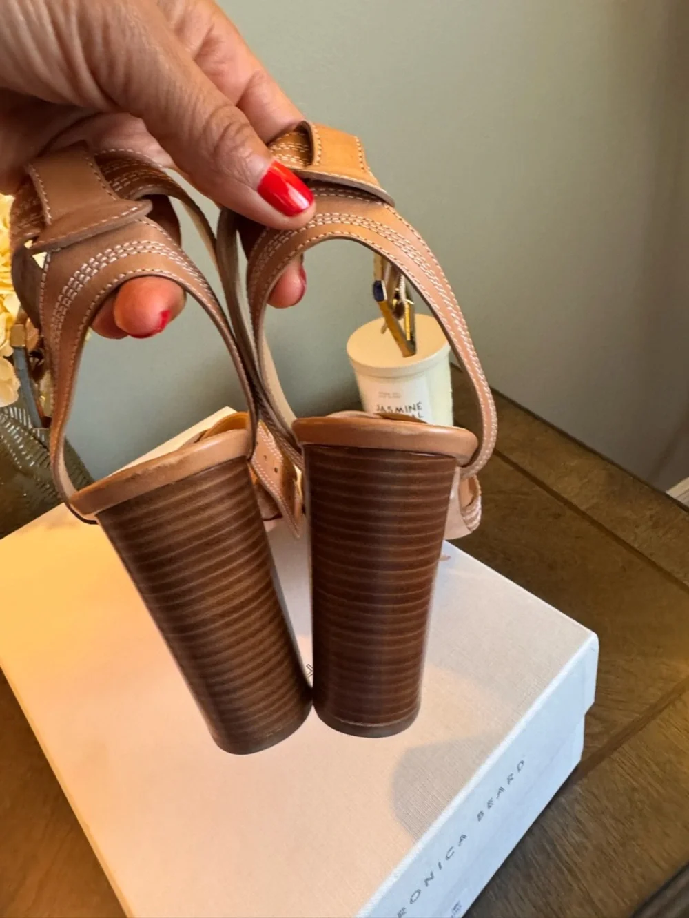 Veronica Beard Tan Leather Block-Heel Sandals with Gold Buckle - Picture 9 of 11